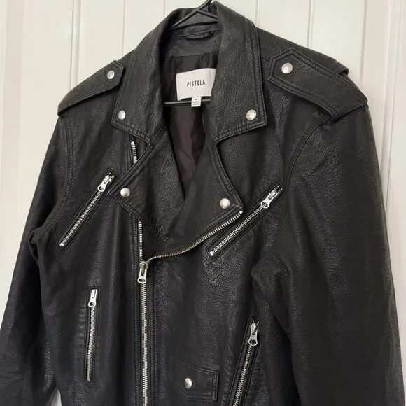 Pistola Blaine Boyfriend Moto Jacket Women Medium Black Faux Leather BikerGrunge - Picture 4 of 16